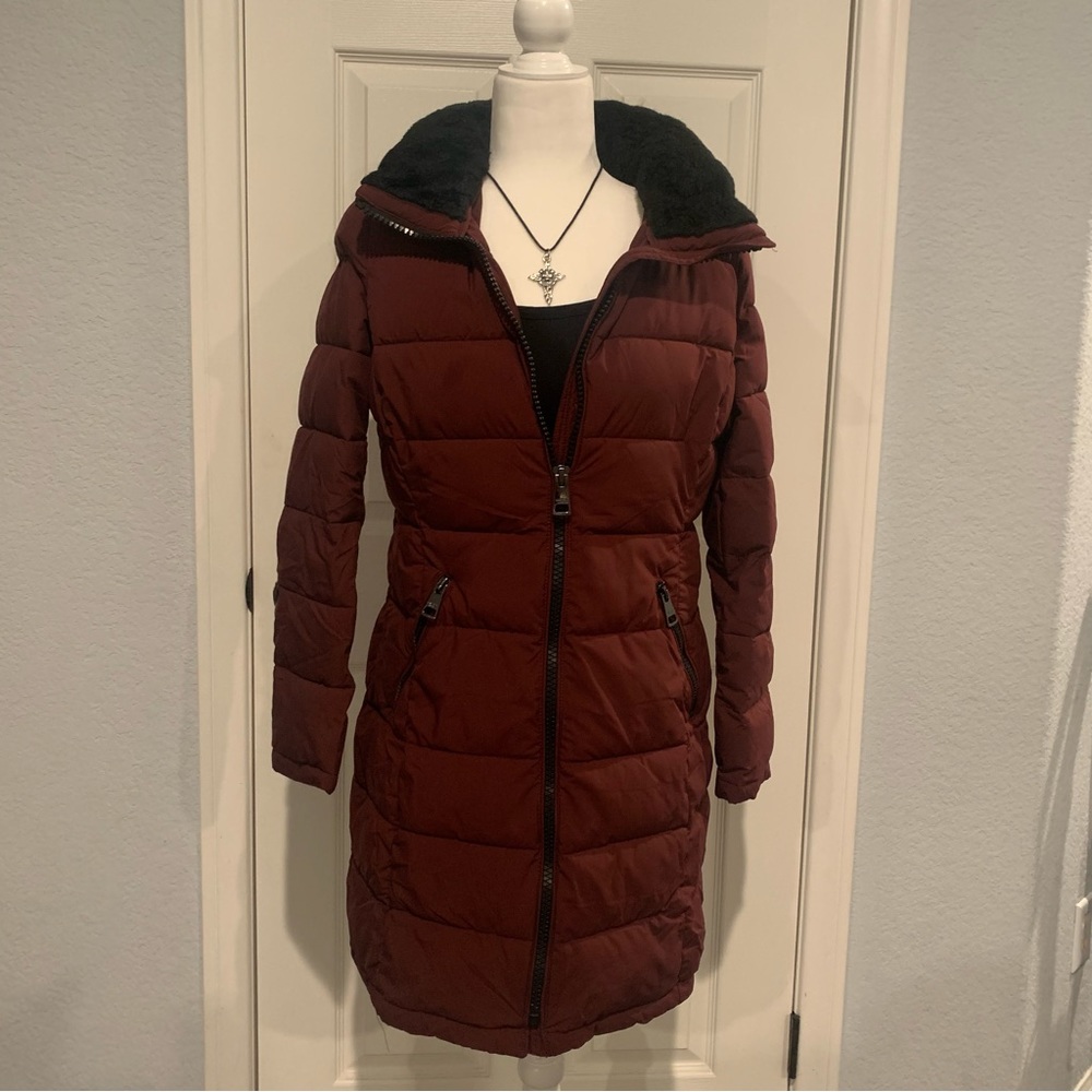 Ladies Long Stretch Quilted Parka Detachable Hood Faux Fur Zip Pocket Warm Small